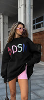 Kadın Oversize Sweatshirt Elbise Color Pop Baskılı Siyah – Bisiklet Yaka, 3 İplik Şardonlu Polar