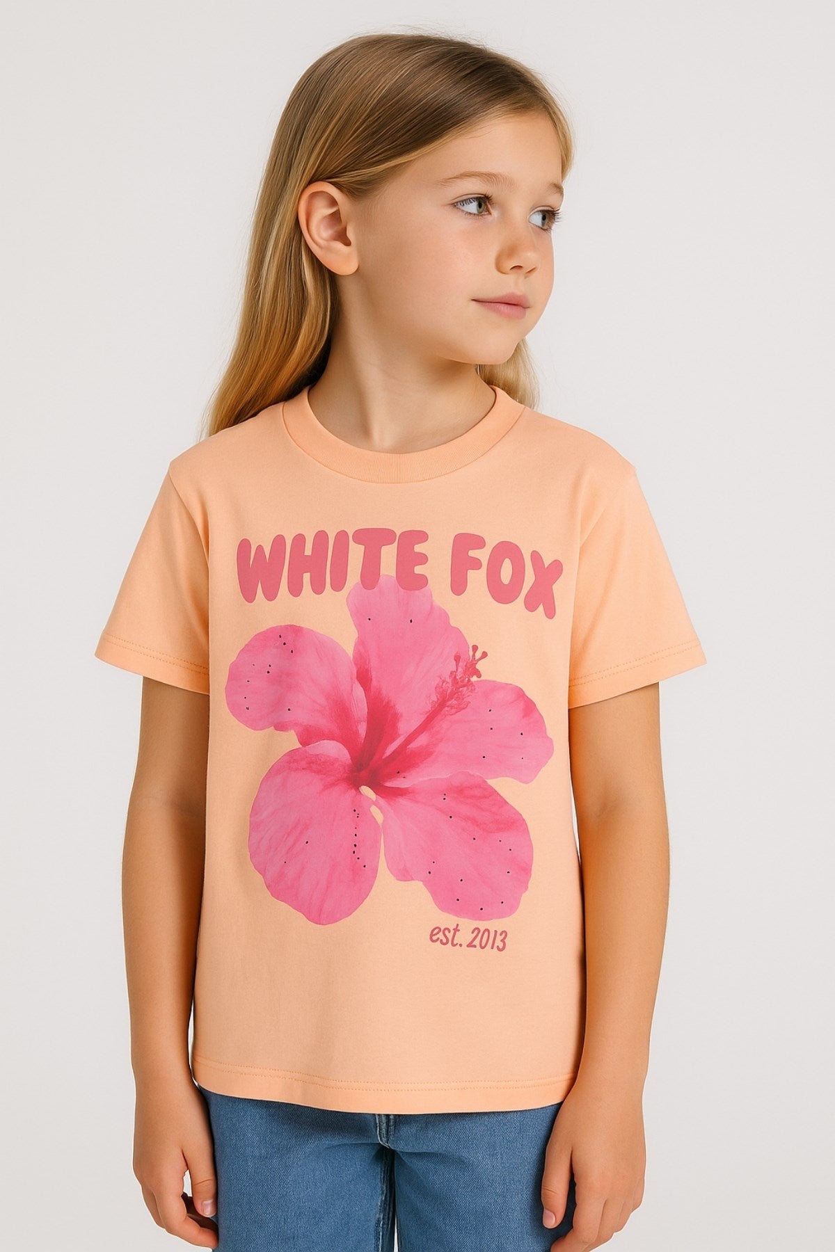 Kavun İçi Rengi Hibiskus Çiçekli Kız Çocuk Tişört  %100 Pamuk