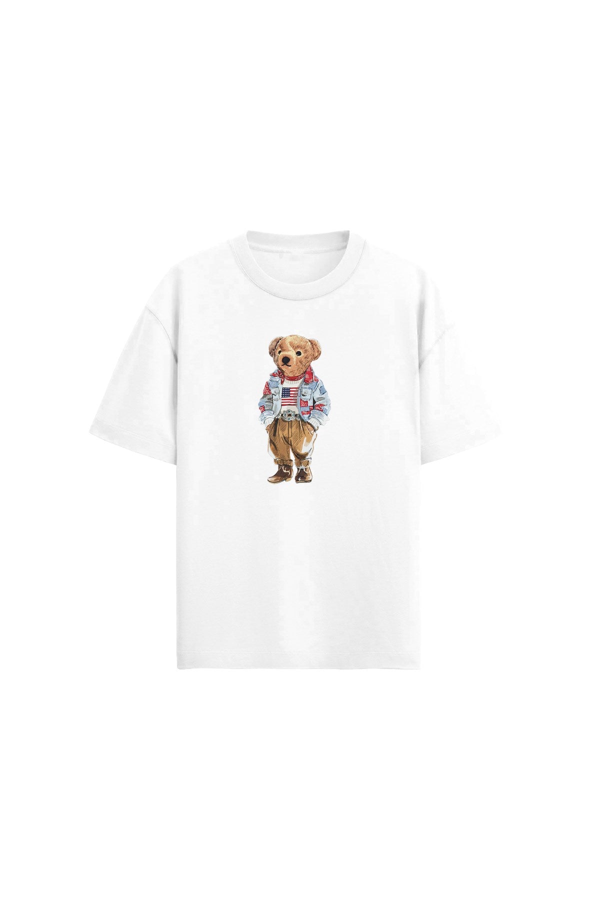 Kadın Grafik Ayıcık Desenli Casual Beyaz Tişört