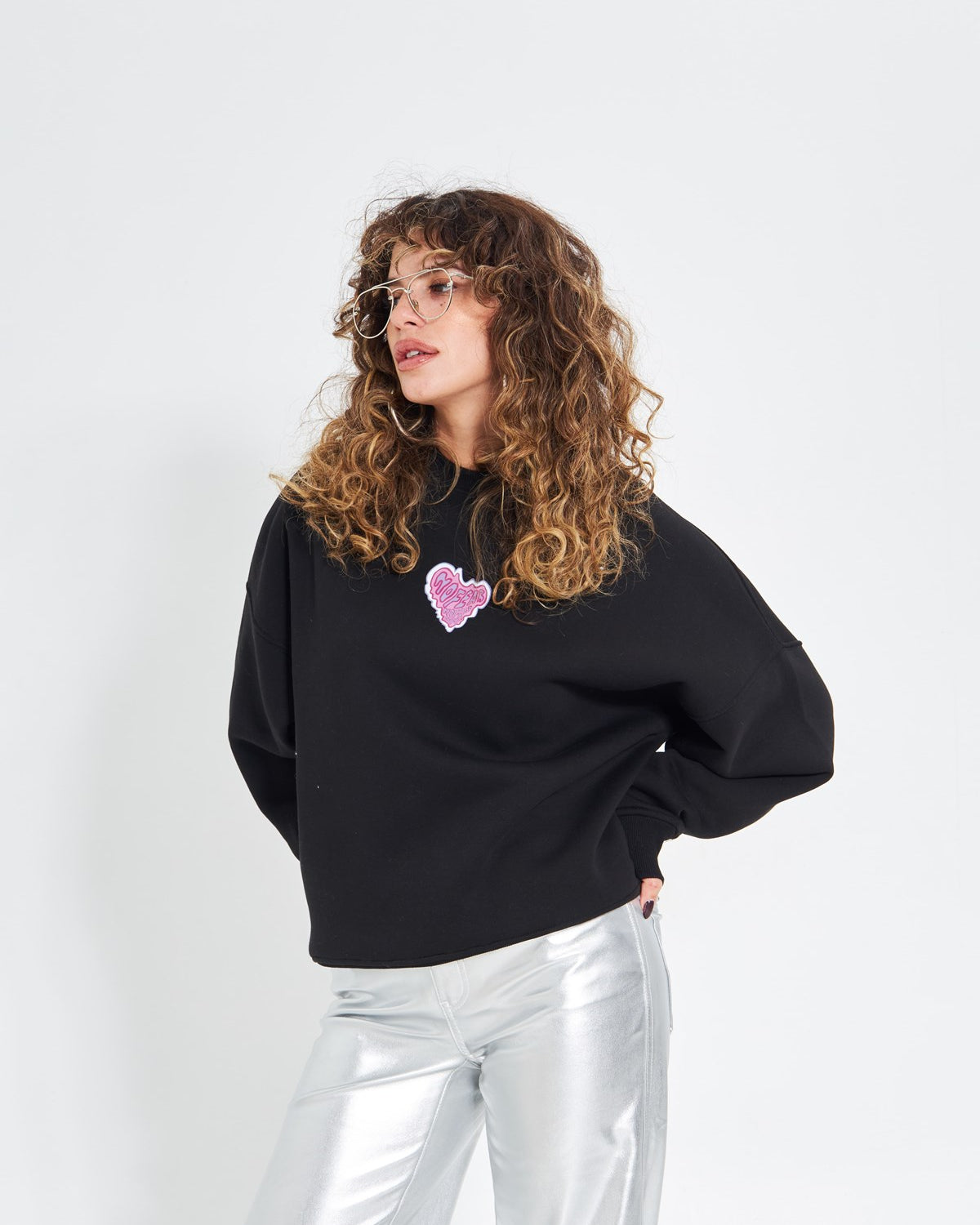 Siyah Bisiklet Yaka Kadın No Fear Ön ve Baskılı Oversize Sweatshirt