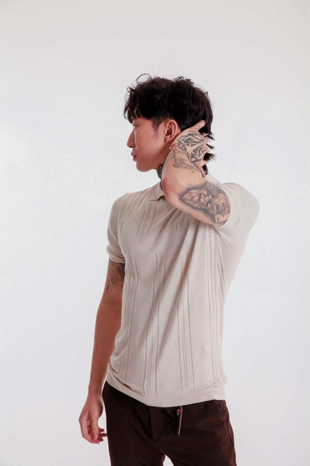 Erkek Bej Polo Yaka Triko Tişört – Kısa Kollu, Yazlık Modern Slim Fit Örgü Model