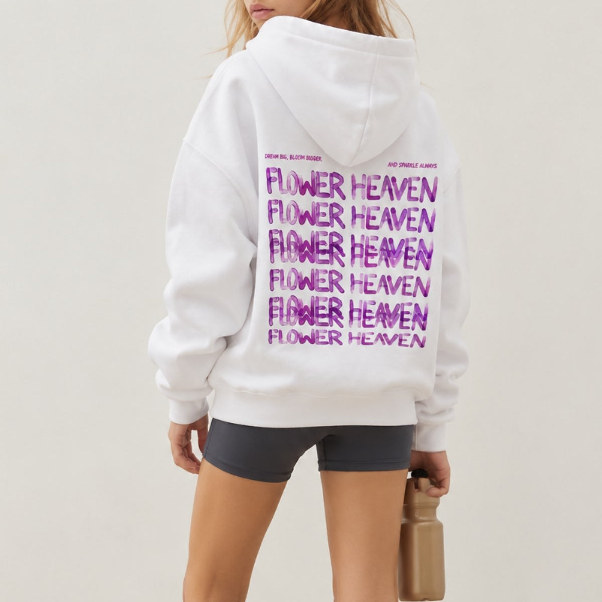 Kız Çocuk Oversize Hoodie Sweatshirt Flower Heaven Baskılı Beyaz – Kapüşonlu, Cepli, 3 İplik Polar  