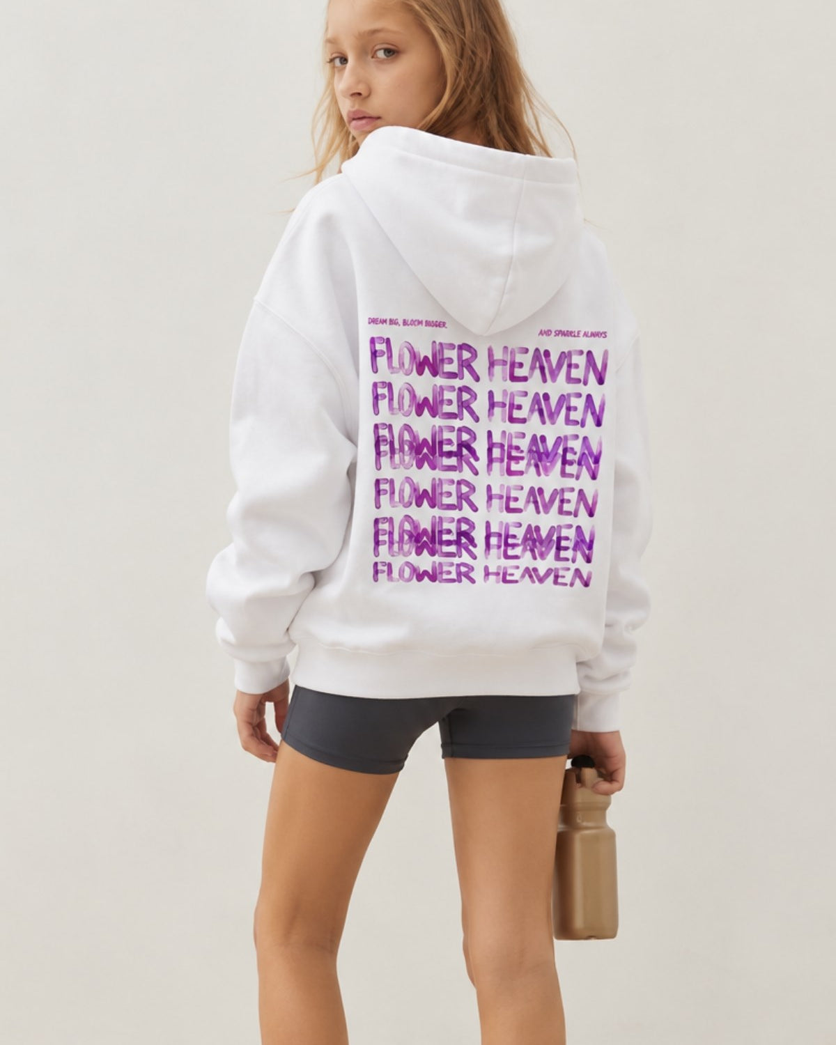 Kız Çocuk Oversize Hoodie Sweatshirt Flower Heaven Baskılı Beyaz – Kapüşonlu, Cepli, 3 İplik Polar  
