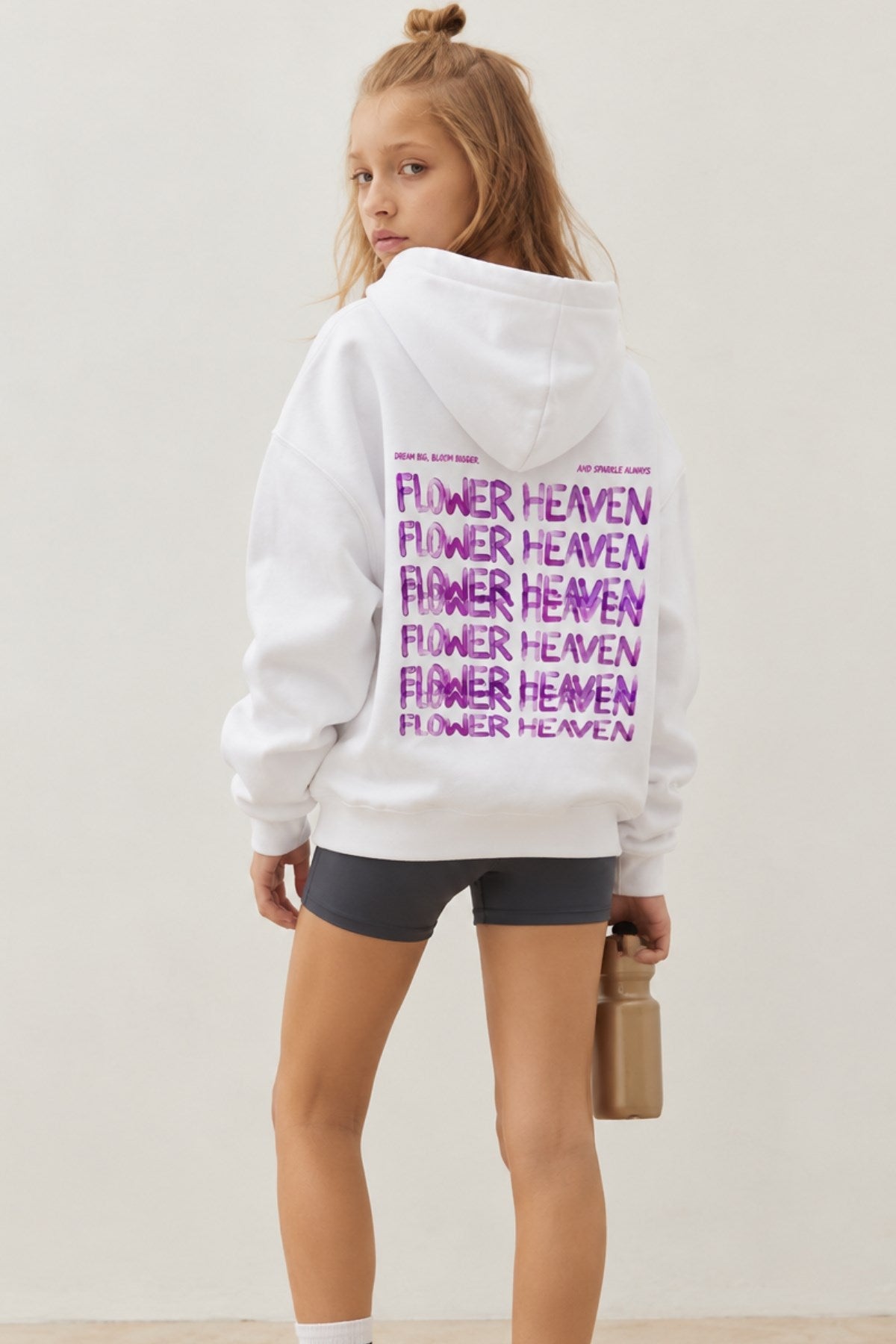 Kız Çocuk Oversize Hoodie Sweatshirt Flower Heaven Baskılı Beyaz – Kapüşonlu, Cepli, 3 İplik Polar  
