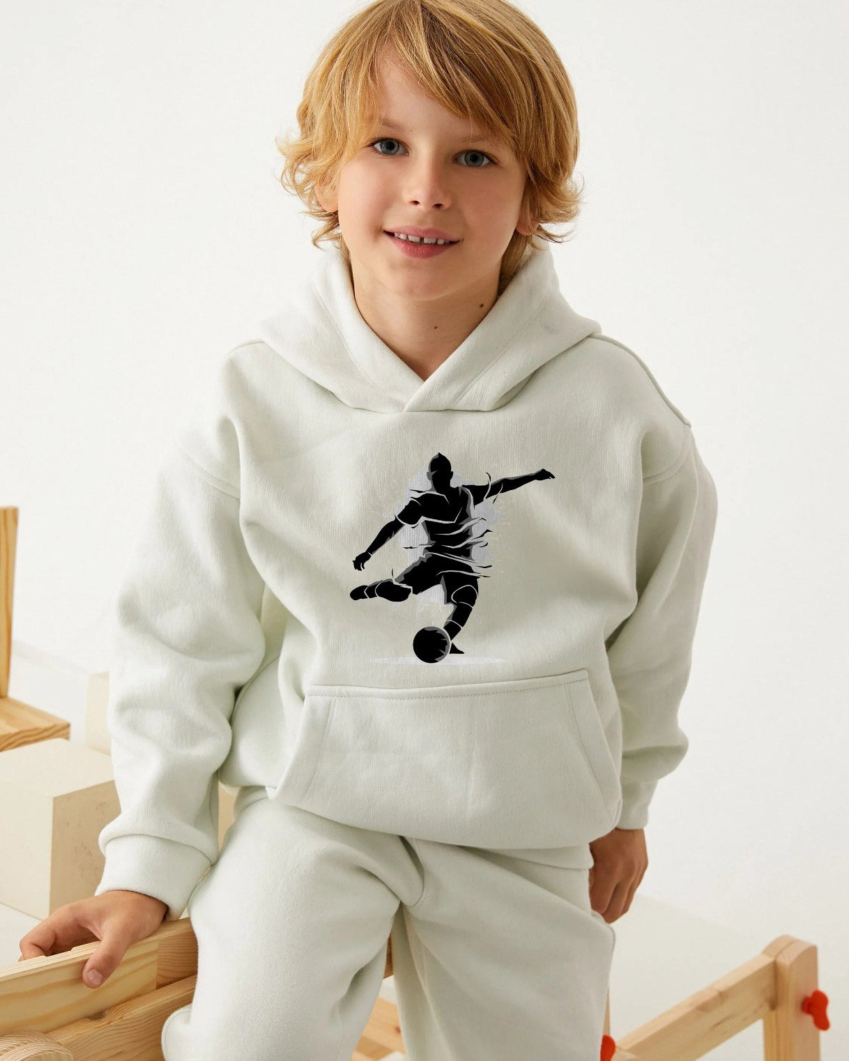 Kapüşonlu İçi Polar Futbolcu Baskılı Beyaz Unisex Çocuk Sweatshirt