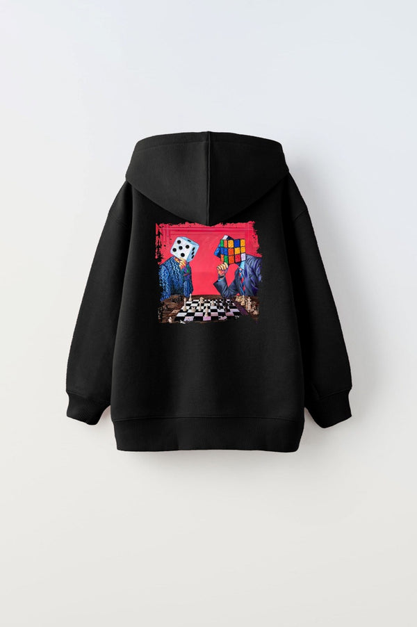 Kapüşonlu İçi Polar Satranç Baskı Siyah Unisex Çocuk Hoodie Sweatshirt