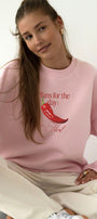 Kadın Oversize Sweatshirt Be Hot Baskılı Pembe – Bisiklet Yaka, 3 İplik Şardonlu Polar