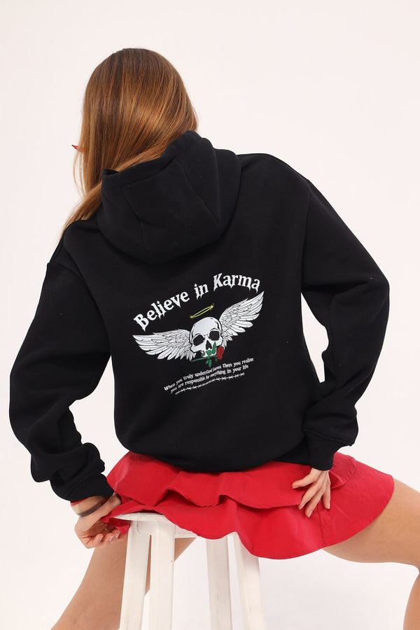 Kapüşonlu İçi Polar Believe İn Karma Baskılı Siyah Unisex Hoodie Sweatshirt