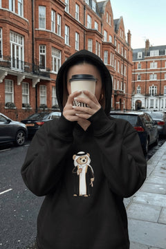 Kadın Oversize Sweatshirt Hoodie Qatari Bear Black Siyah – Kapüşonlu, 3 İplik Polar, Kanguru Cepli