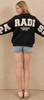 Kadın Oversize Sweatshirt Paradise Varsity Kabartma Baskılı Siyah – Bisiklet Yaka, 3 İplik Şardonlu Polar