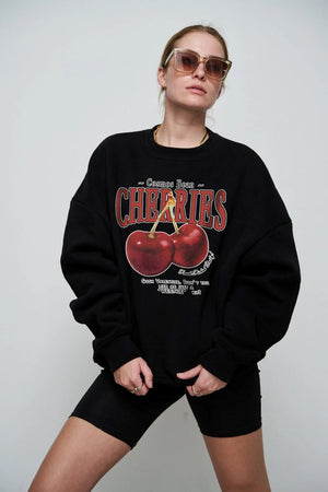 Bisiklet Yaka İçi Polar Cherries Baskılı Siyah Oversize Sweatshirt