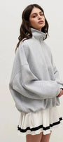 Kadın Gri Yarım Fermuarlı Ceket Sweatshirt 3 İplik Şardonlu Oversize Kesim