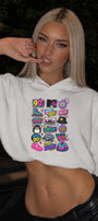 Kadın Oversize Hoodie Sweatshirt 90s Pop Patch Baskılı Beyaz – Kapüşonlu, Kanguru Cepli, 3 İplik