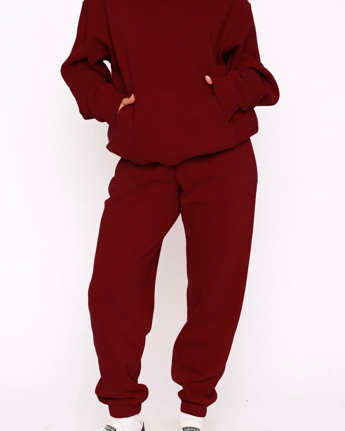  Oversize Unisex Eşofman Takımı Bordo – Basic, 3 İplik Şardonlu Polar; Kapüşonlu Üst, Lastikli Alt