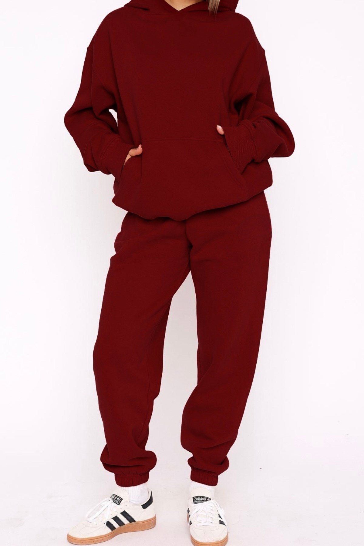  Oversize Unisex Eşofman Takımı Bordo – Basic, 3 İplik Şardonlu Polar; Kapüşonlu Üst, Lastikli Alt