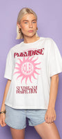 Kadın Oversize Tişört Paradise Sundream Baskılı Beyaz – Bisiklet Yaka, %100 Pamuk Compact Süprem 24/1
