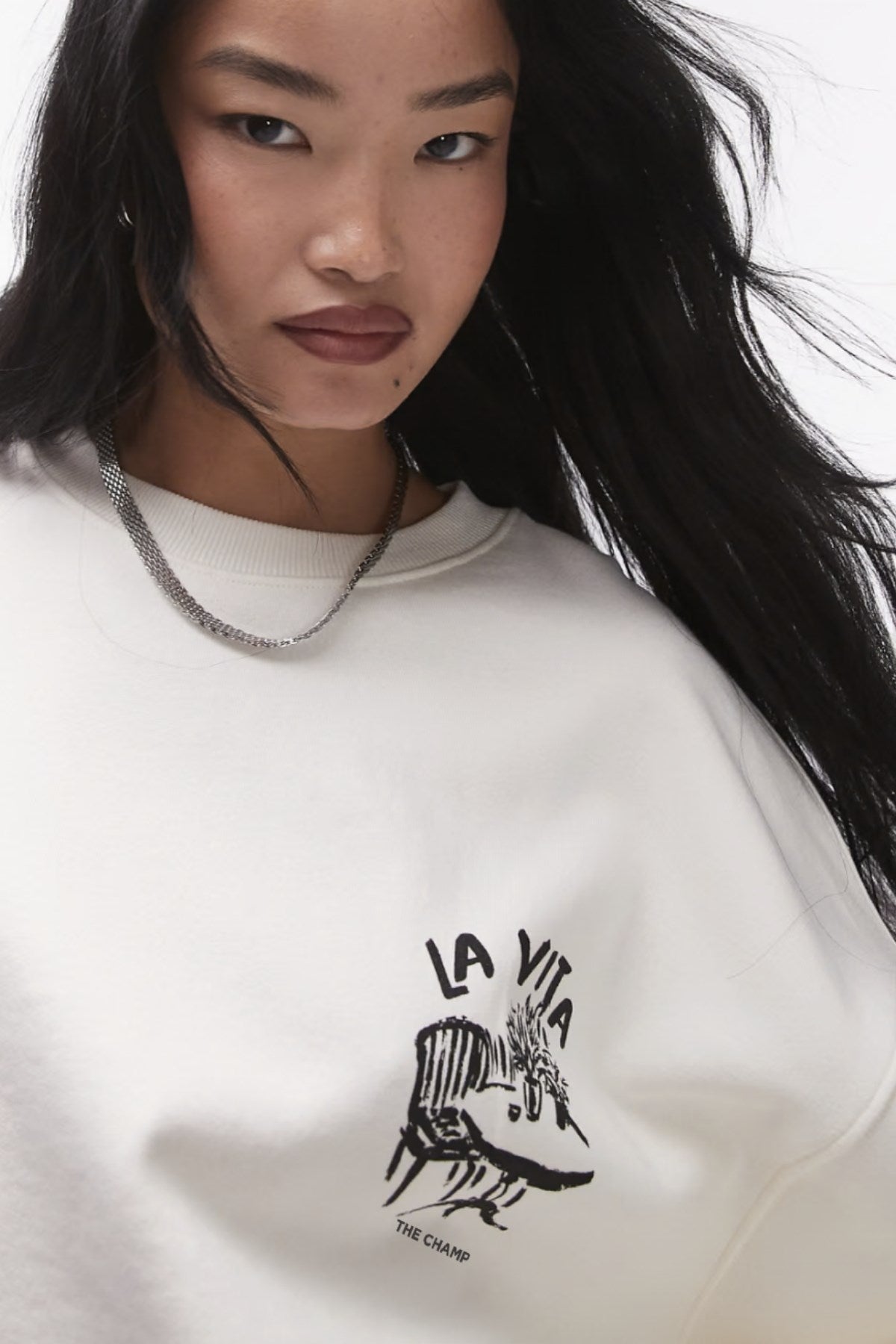 Unisex Beyaz Bisiklet Yaka Sweatshirt  Dolce Casa Baskılı 3 İplik Şardonlu Oversize