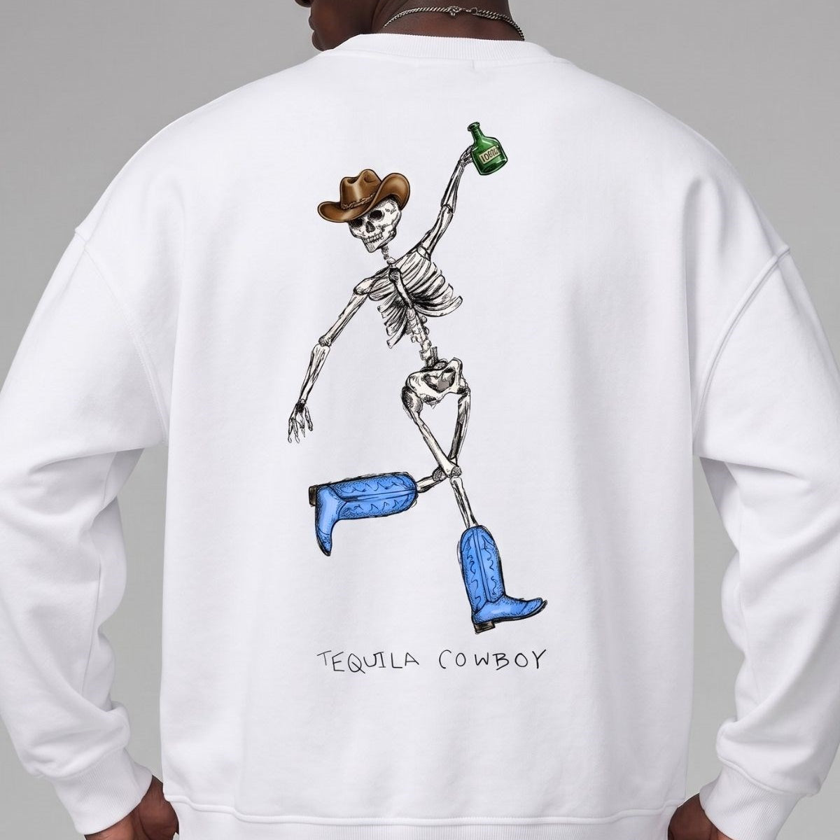 Erkek Oversize Sweatshirt Western Spirit Baskılı Beyaz – Bisiklet Yaka, 3 İplik Şardonlu Polar