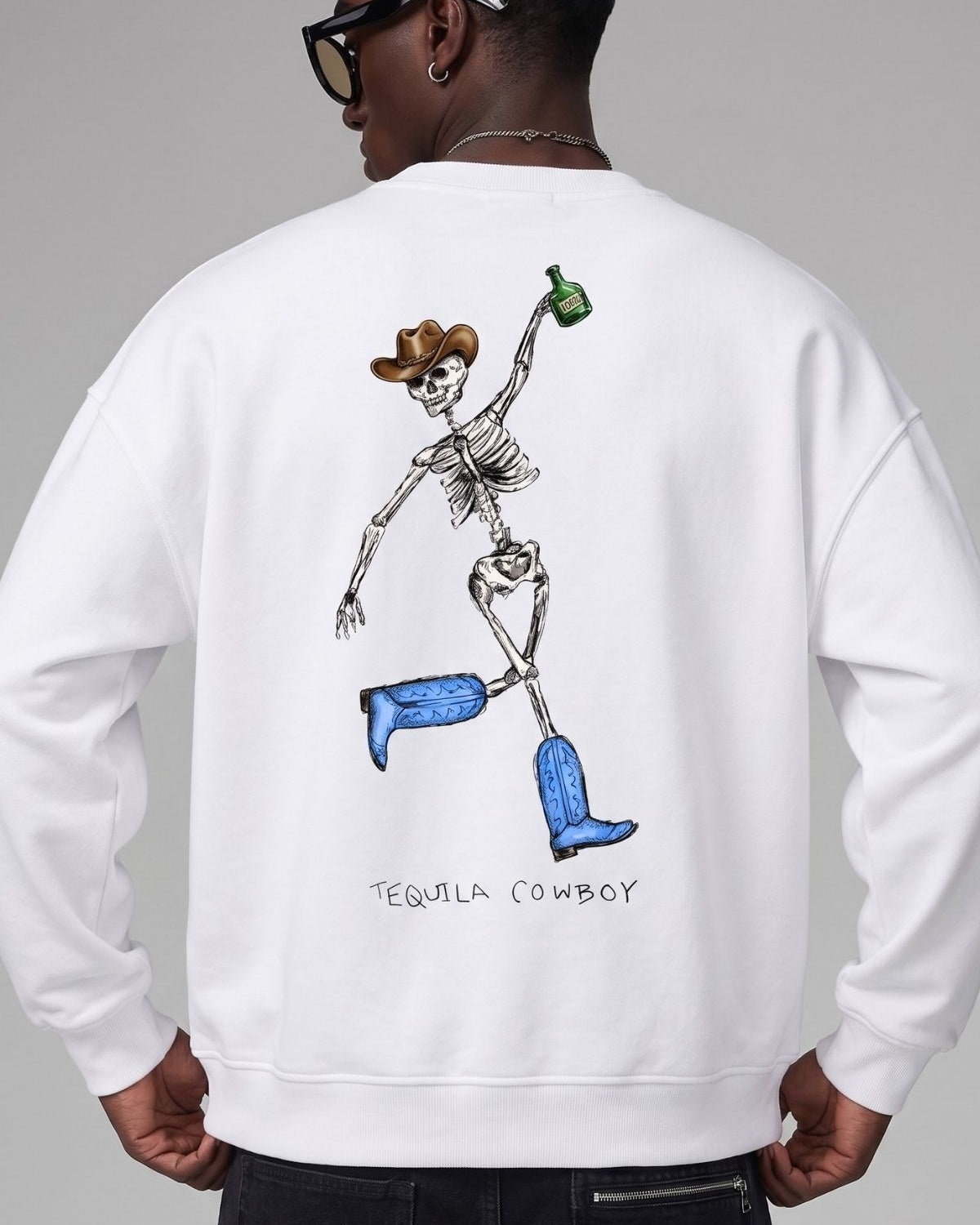 Erkek Oversize Sweatshirt Western Spirit Baskılı Beyaz – Bisiklet Yaka, 3 İplik Şardonlu Polar