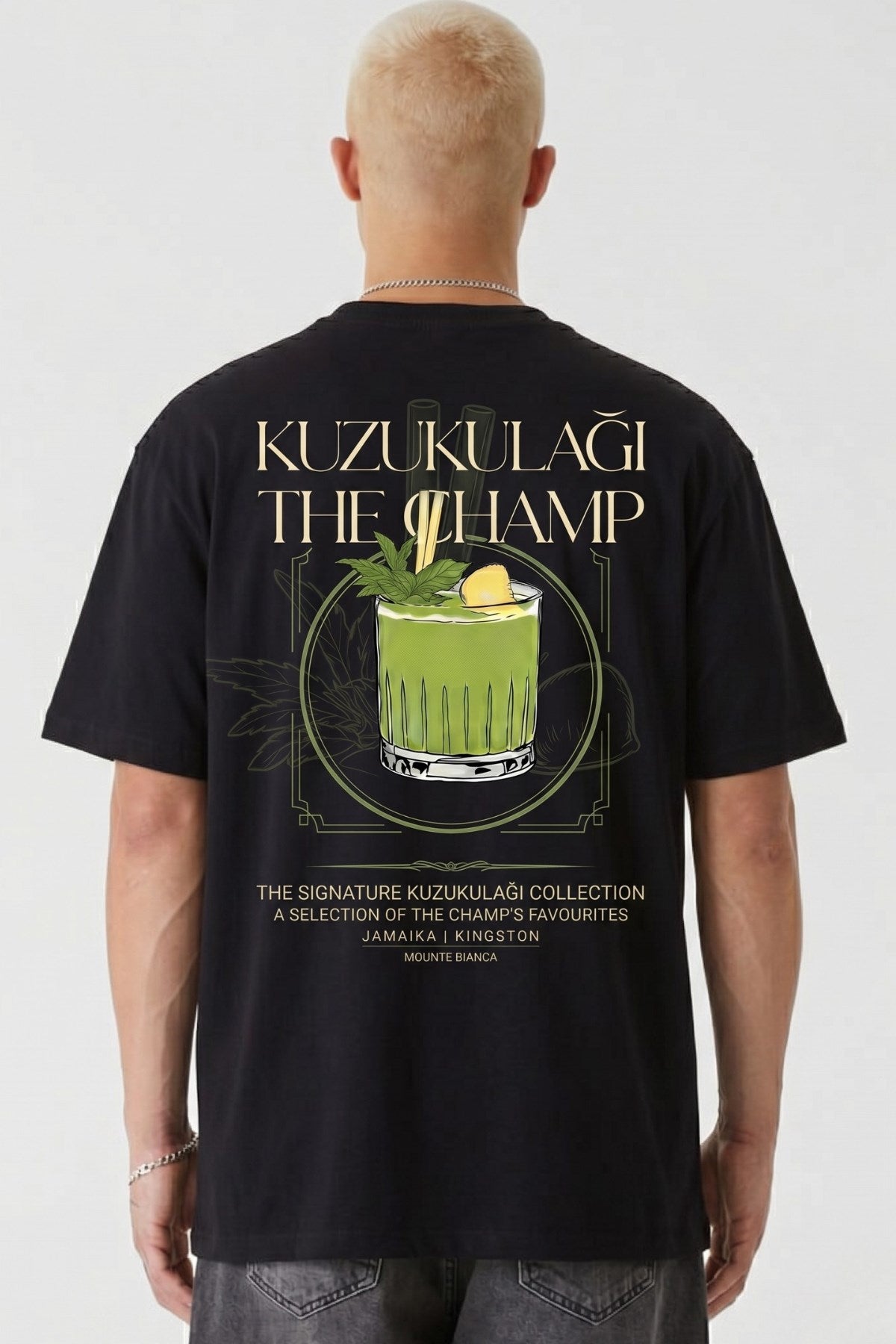 Unisex Oversize Tişört Kuzukulağı The Champ Baskılı Siyah – Bisiklet Yaka, Rahat Kalıp, %100 Pamuk