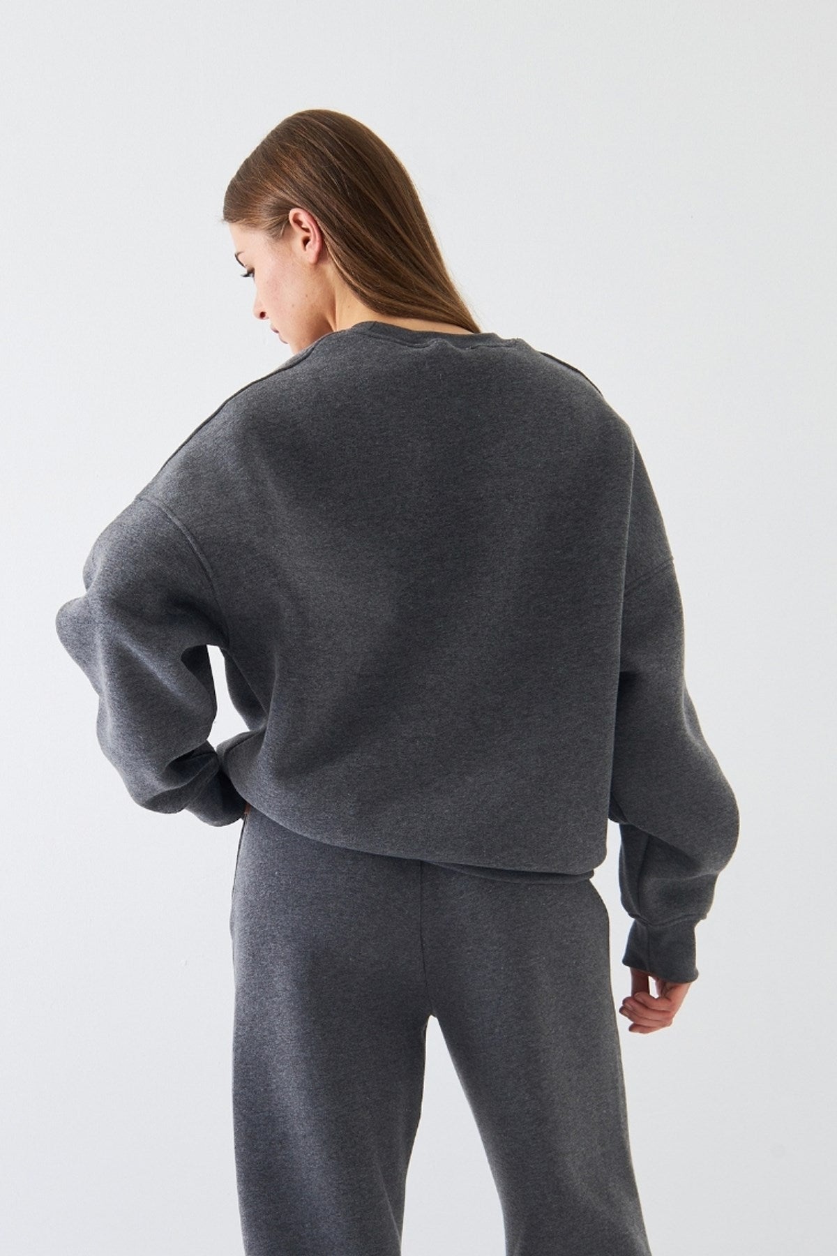 Kadın Oversize Sweatshirt Sun & Moon Baskılı Füme Melanj – Bisiklet Yaka, 3 İplik Şardonlu Polar