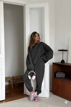 Kadın Oversize Sweat Elbise Eşofman Takımı Basic Füme – Bisiklet Yaka, Lastikli Paça, 3 İplik Polar