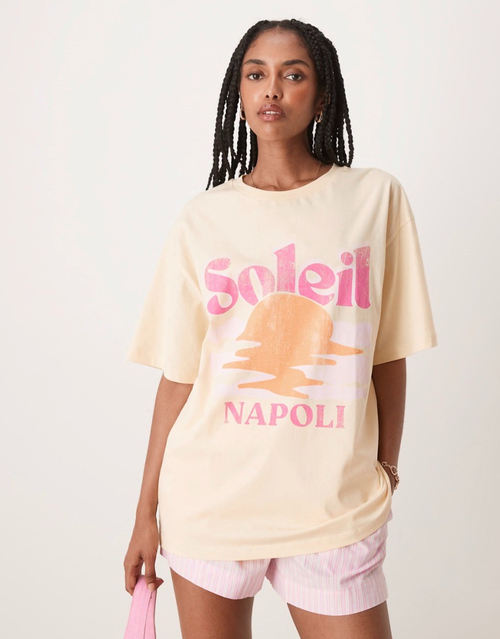 Kadın Sarı Oversize Soleil Yazılı Yazlık Güneş Desenli Tişört