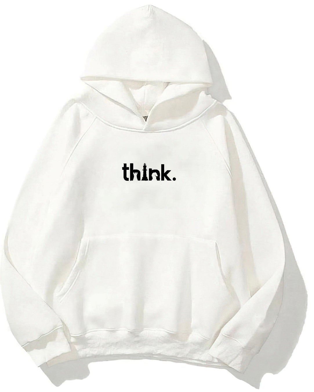 Kapüşonlu İçi Polar Satranç Think Baskılı Beyaz Unisex Oversize Hoodie Sweatshirt