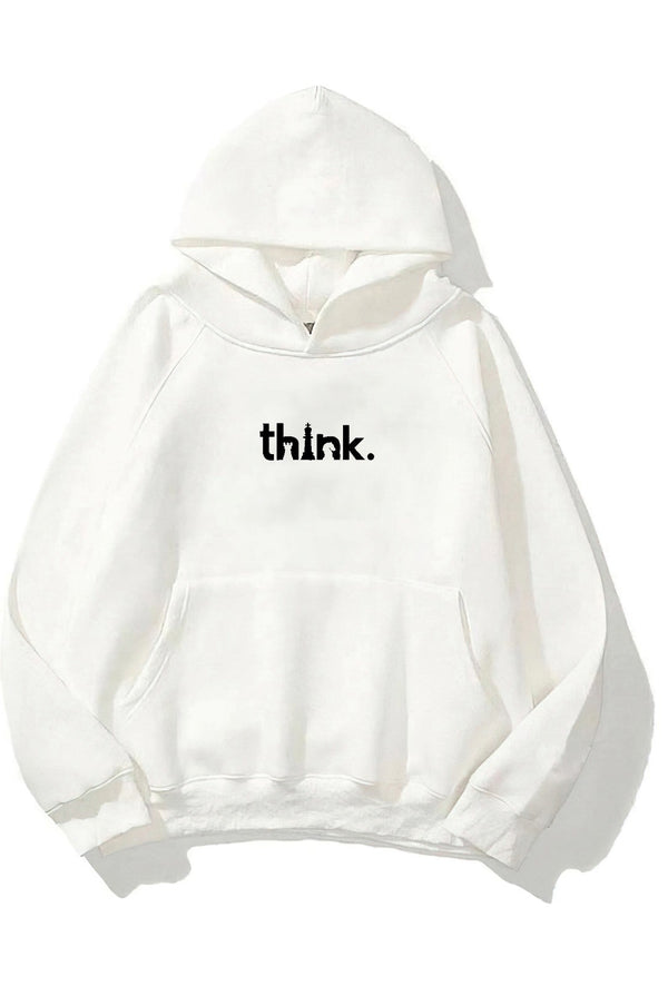 Kapüşonlu İçi Polar Satranç Think Baskılı Beyaz Unisex Oversize Hoodie Sweatshirt