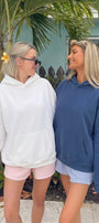 Unisex 2’li Oversize Basic Hoodie Beyaz & Marine– Kapüşonlu, Cepli, 3 İplik Şardonlu Polar