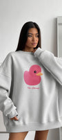Kadın Gri Melanj Bisiklet Yaka Sweatshirt Elbise– Pembe Ördek Baskılı 3 İplik Şardonlu Oversize