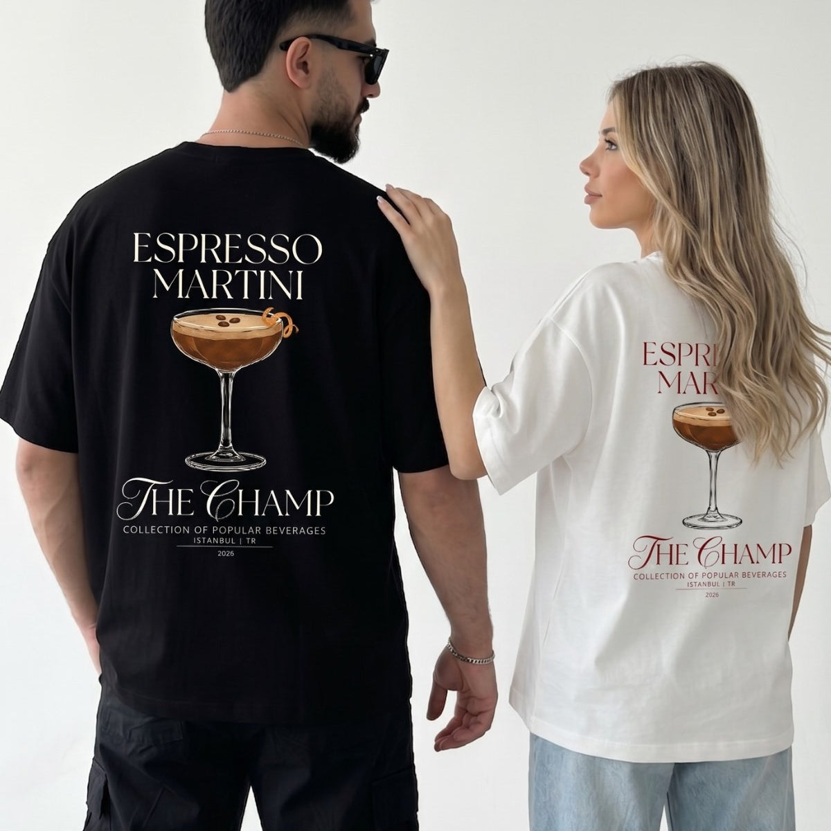 Unisex Oversize Tişört Espresso Martini Baskılı Siyah – Bisiklet Yaka, Rahat Kalıp, %100 Pamuk