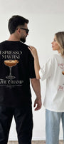Unisex Oversize Tişört Espresso Martini Baskılı Siyah – Bisiklet Yaka, Rahat Kalıp, %100 Pamuk