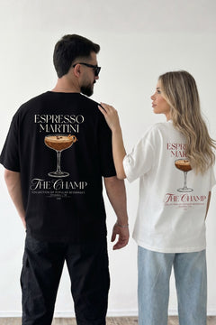 Unisex Oversize Tişört Espresso Martini Baskılı Siyah – Bisiklet Yaka, Rahat Kalıp, %100 Pamuk