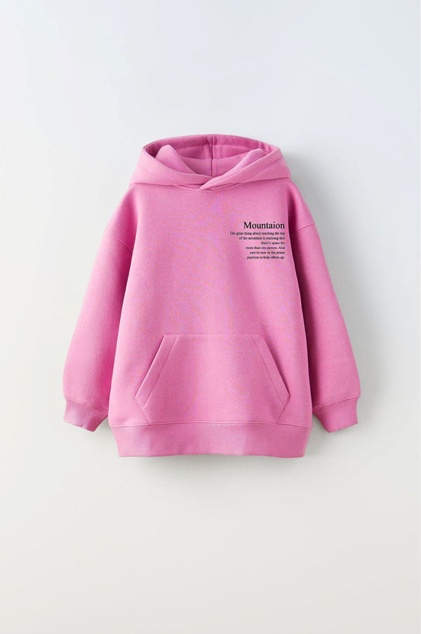 Pembe Kapüşonlu İçi Polar Dağ Baskılı  Unisex Çocuk Sweatshirt