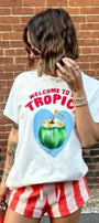 Kadın Beyaz Tişört – Tropikal Hindistan Cevizi Baskılı Welcome to The Tropics Yazlık Oversize