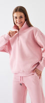 Unisex Oversize Sweatshirt Basic Pembe – Yarım Fermuar Dik Yaka, 3 İplik Şardonlu Polar