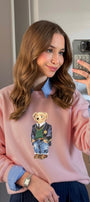 Kadın Oversize Sweatshirt Ivy Bear Baskılı Pembe – Bisiklet Yaka, 3 İplik Şardonlu