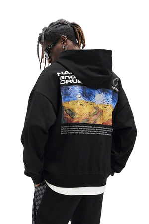 Kapüşonlu İçi Polar Van Gogh Oil Baskılı Siyah Unisex Hoodie Sweatshirt