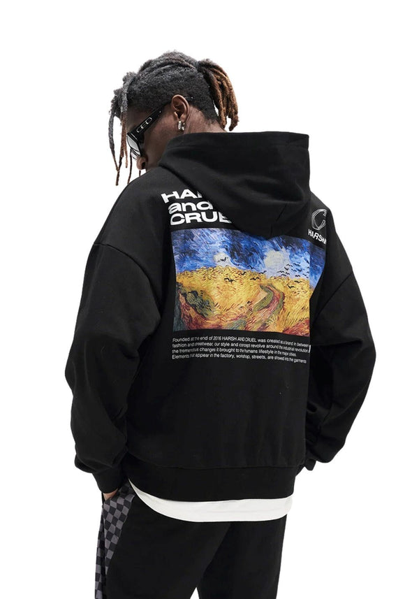 Kapüşonlu İçi Polar Van Gogh Oil Baskılı Siyah Unisex Hoodie Sweatshirt