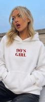 Kadın Oversize Hoodie 90’s Girl Baskılı Beyaz – Kapüşonlu, Kanguru Cepli, 3 İplik Polar