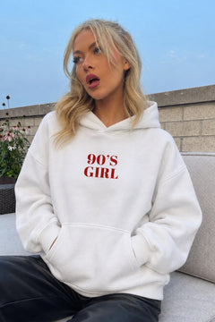 Kadın Oversize Hoodie 90’s Girl Baskılı Beyaz – Kapüşonlu, Kanguru Cepli, 3 İplik Polar