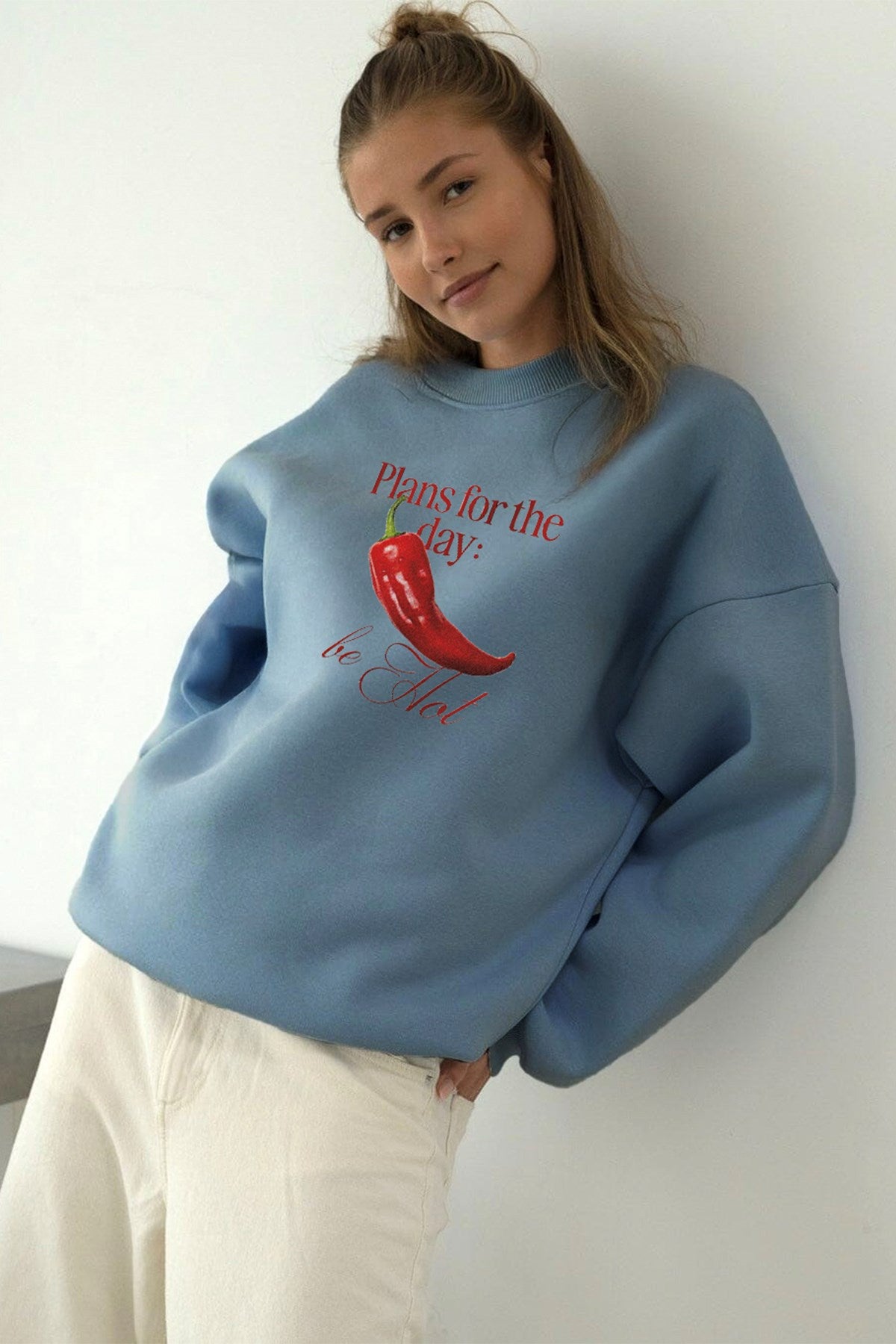 Kadın Oversize Sweatshirt Be Hot Baskılı Marine – Bisiklet Yaka, 3 İplik Şardonlu Polar