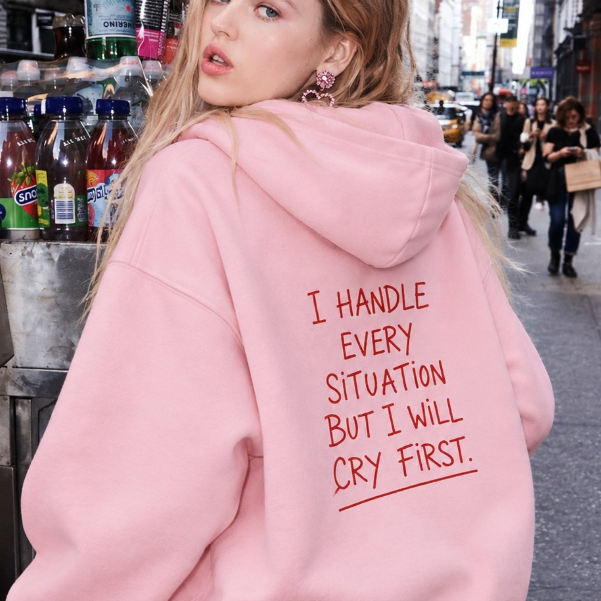 Kadın Oversize Hoodie Cry First Baskılı Pembe – Kapüşonlu, Kanguru Cepli, 3 İplik Şardonlu Polar