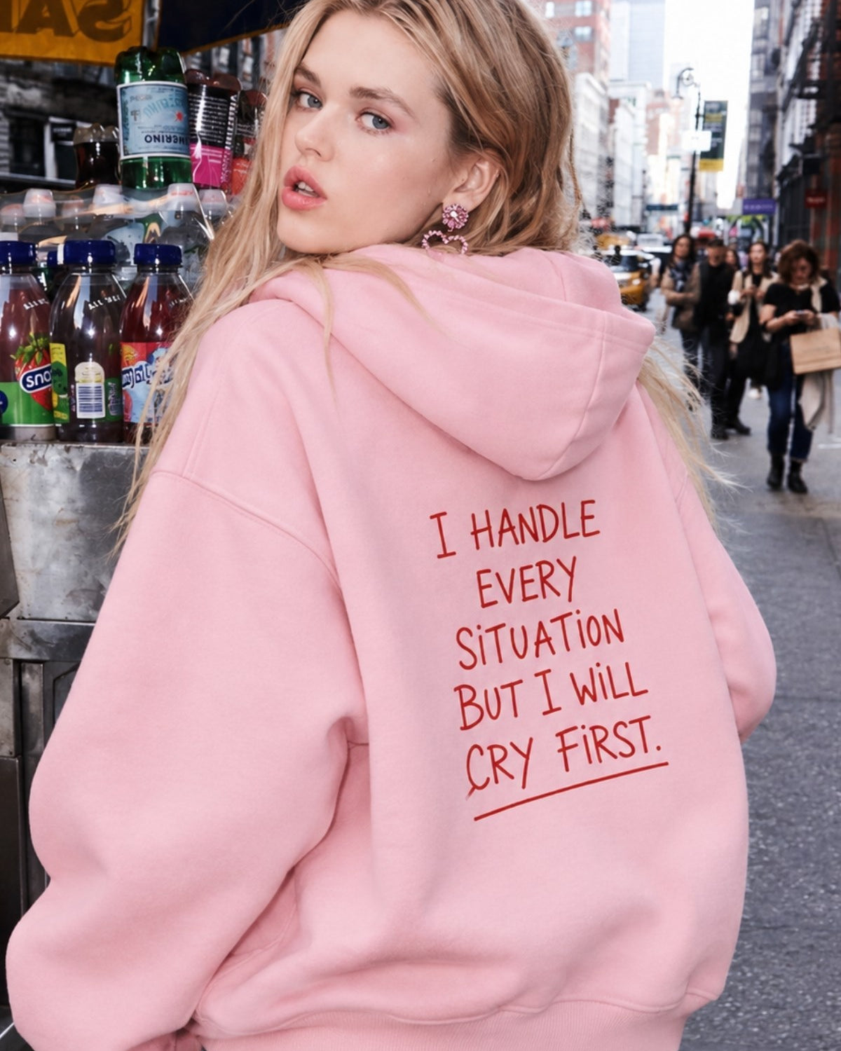 Kadın Oversize Hoodie Cry First Baskılı Pembe – Kapüşonlu, Kanguru Cepli, 3 İplik Şardonlu Polar