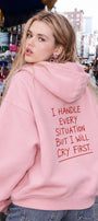 Kadın Oversize Hoodie Cry First Baskılı Pembe – Kapüşonlu, Kanguru Cepli, 3 İplik Şardonlu Polar