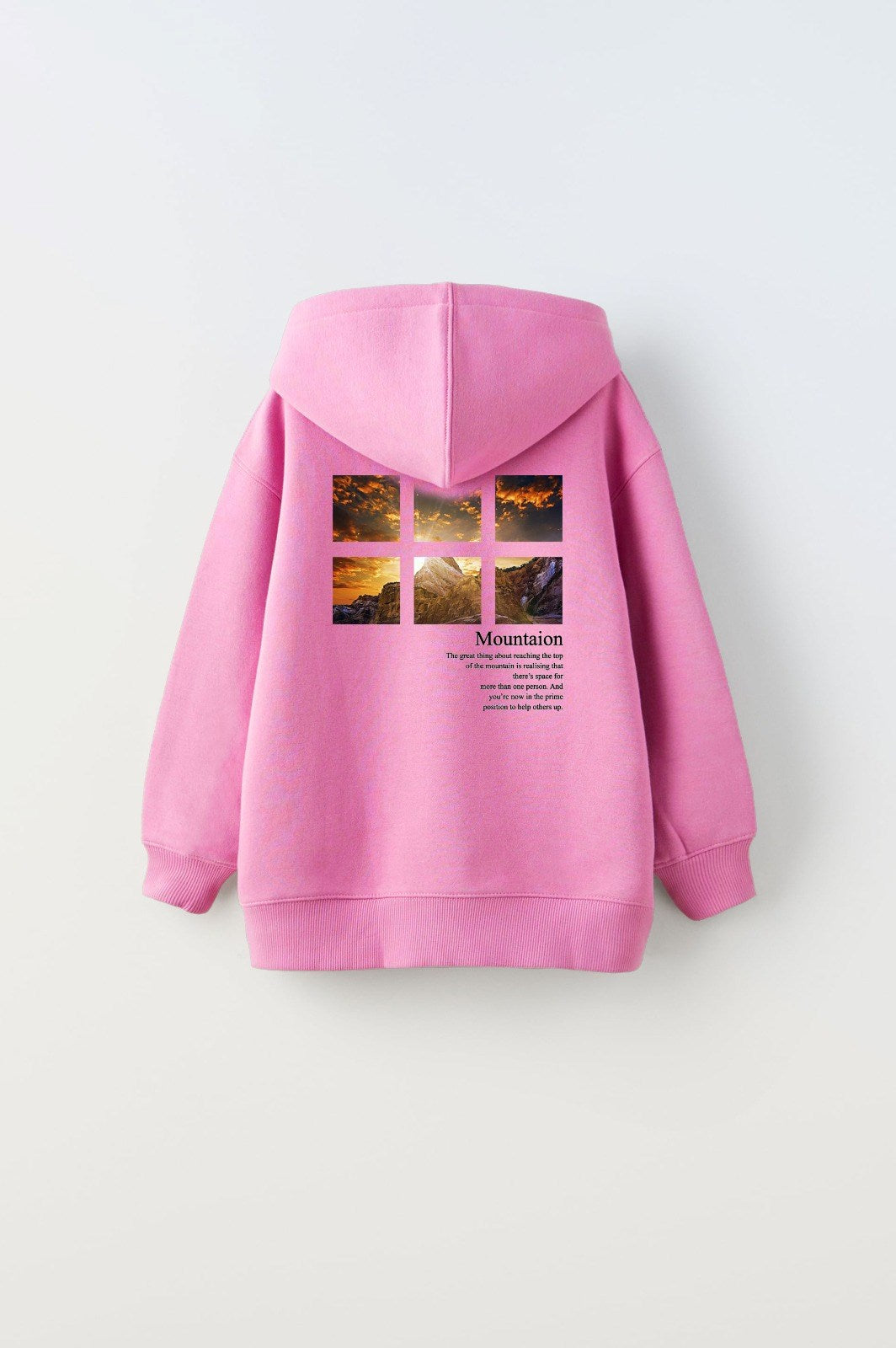 Pembe Kapüşonlu İçi Polar Dağ Baskılı  Unisex Çocuk Sweatshirt