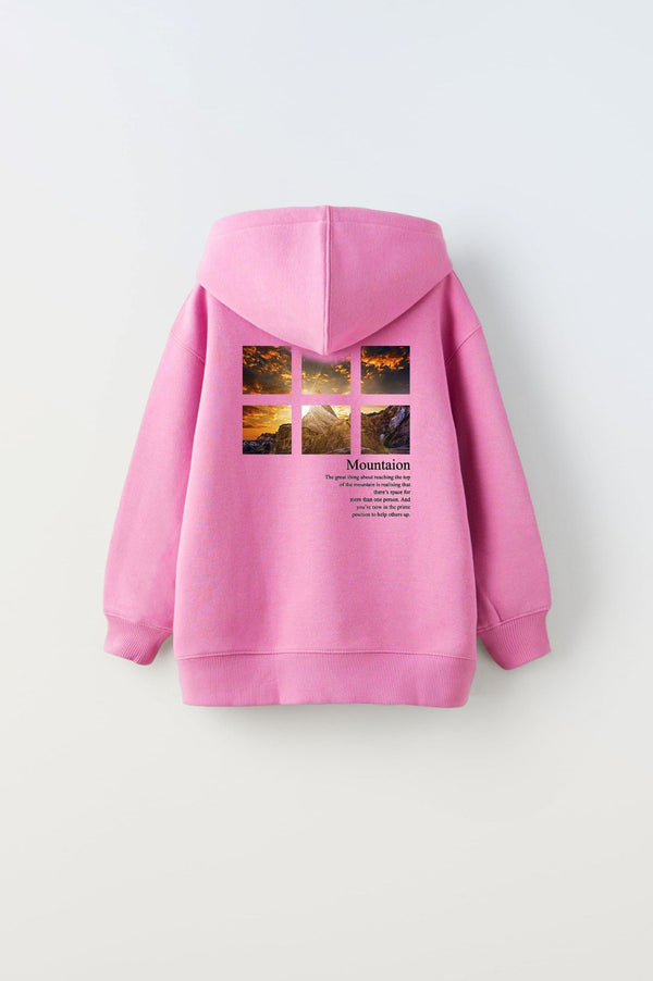 Pembe Kapüşonlu İçi Polar Dağ Baskılı  Unisex Çocuk Sweatshirt