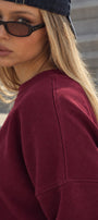 Kadın Relaxed Fit Sweatshirt Basic Bordo – Bisiklet Yaka, 3 İplik Şardonsuz, Düşük Omuz, Geniş Kol