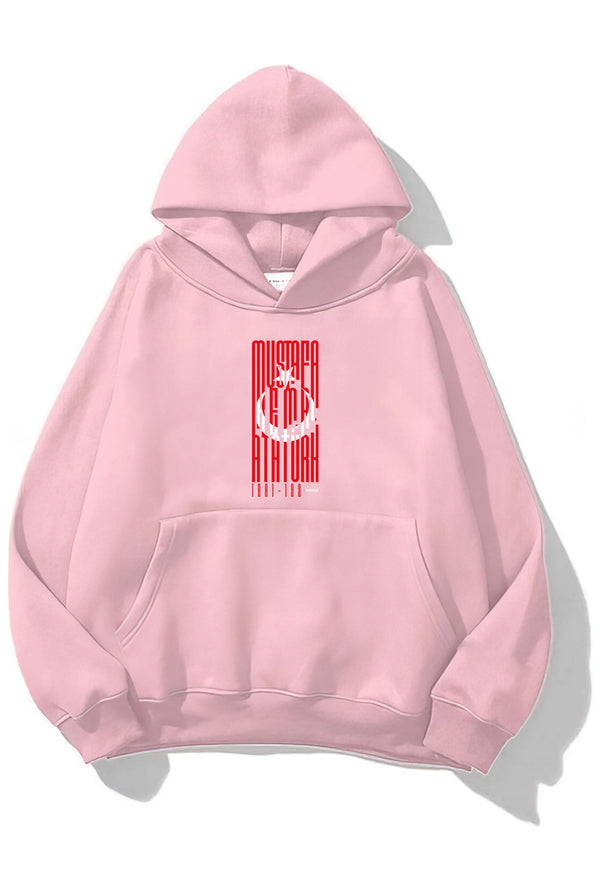 Kapüşonlu İçi Polar Türk Bayrağı Baskılı Pembe Unisex Hoodie Sweatshirt